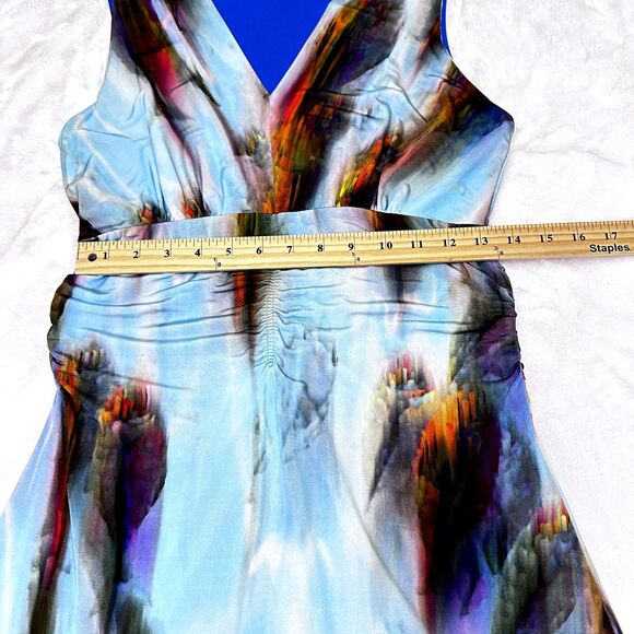 CREOLA Women A-Line Dress Sz 44/8 Multicolor Abstract Print Stretch V-Neck Italy - Picture 12 of 16